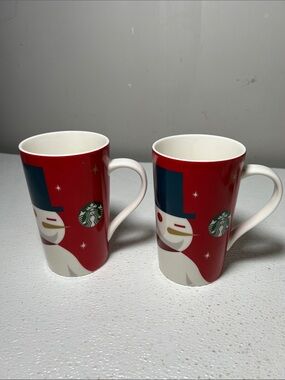 2012 Starbucks Red and White Snowman Ceramic Mug with Green Logo Set 2
